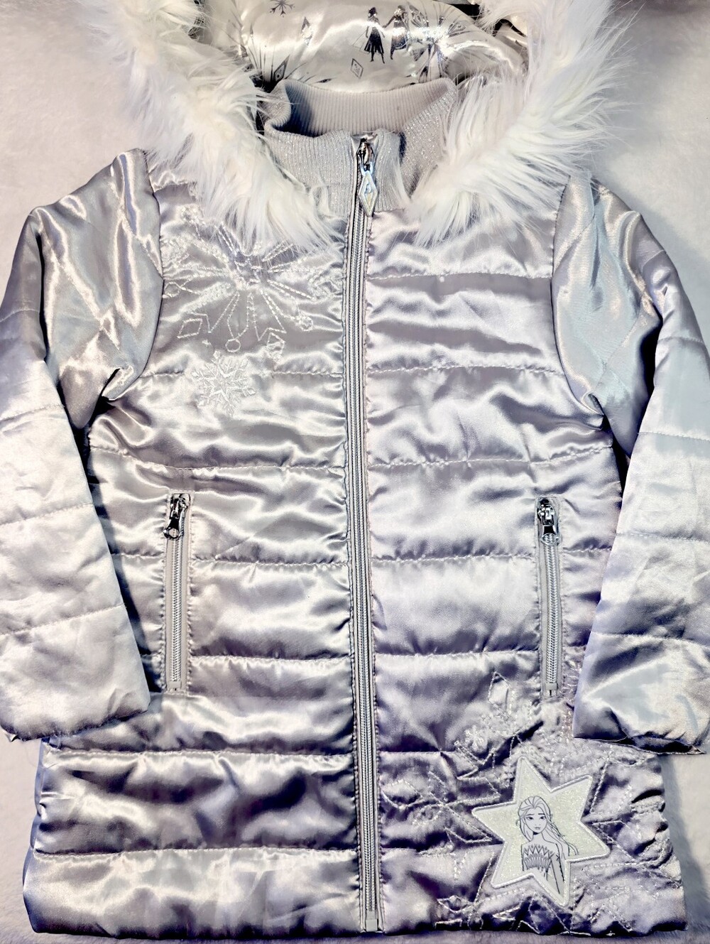 Girls' Disney "FROZEN" Silver Puffer Winter Coat with Faux Fur Hood